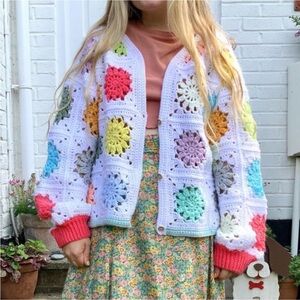 Vintage Colorful Crochet Handmade Granny Squares Cottagecore Multicolor Cardigan